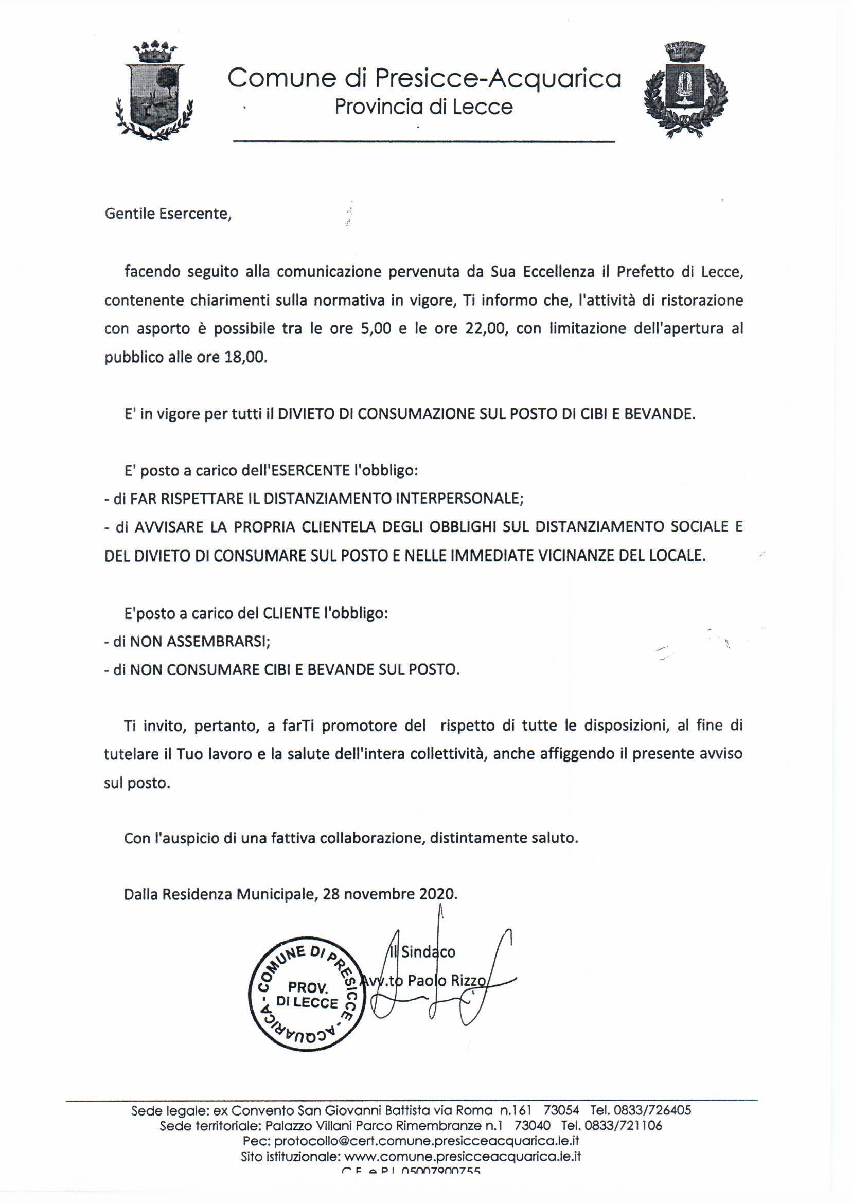 Comunicazione del Sindaco alla Cittadinanza